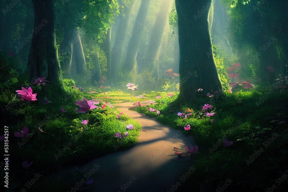 Beautiful enchanting magical lush woodland leading to a heavenly light, 3d render., anime style, style, toon,