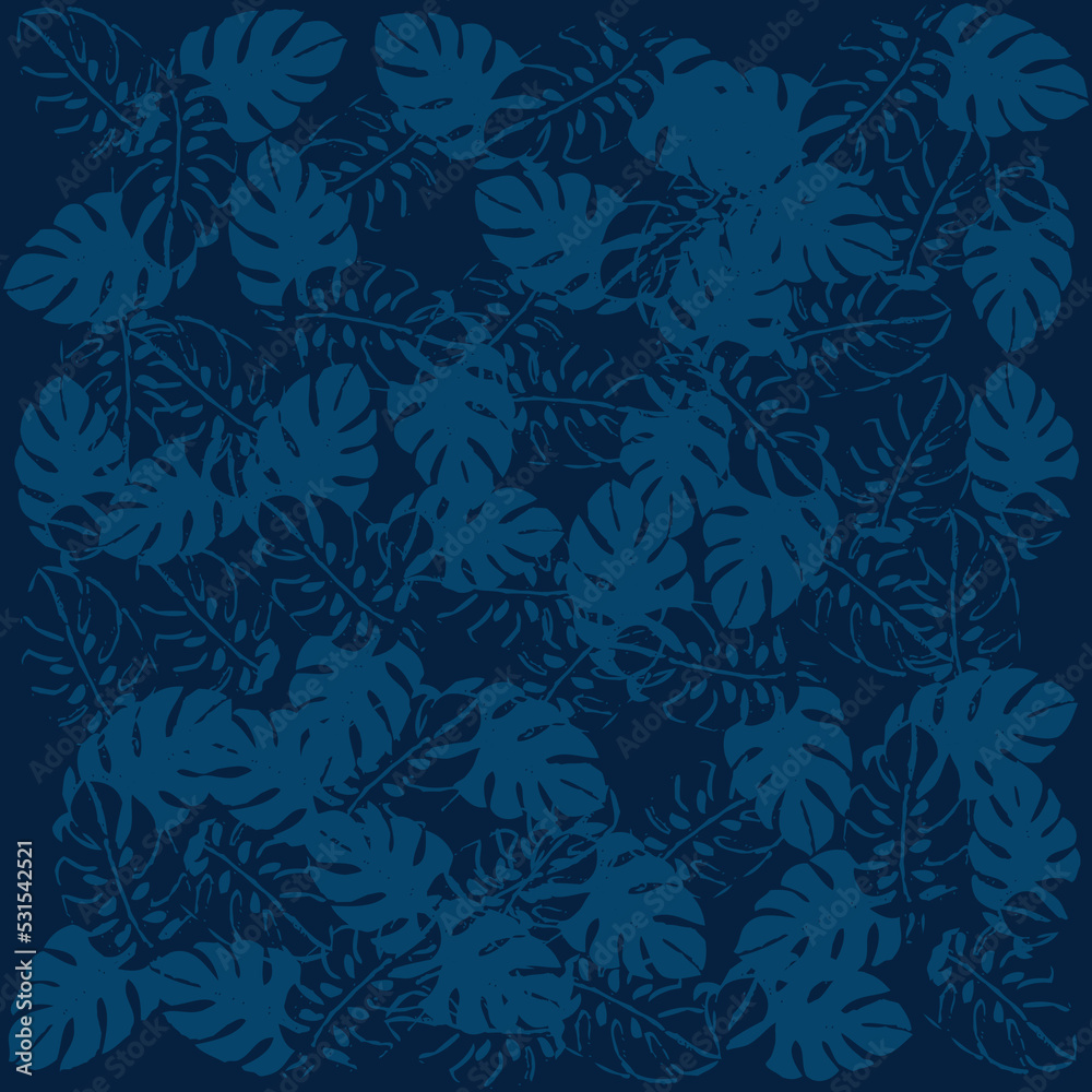 Pattern fabric tropical leaves with indigo colors, spring summer beach design.