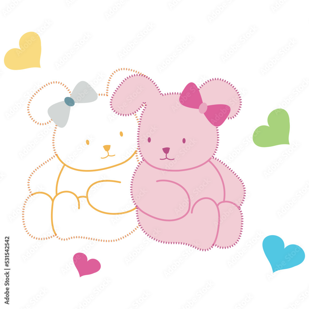 Illustration vector cute rabbits with ribbon, and hearts, fashion kids, style.