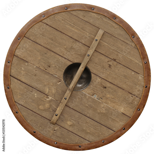 Wooden round medieval viking shield. Render 3d. Isolated on transparent background, png.
