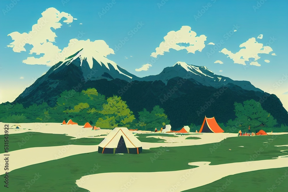 scenery of Raichosawa campsite,tateyama mountain range, Toyama prefecture, Japan anime style, cartoon style toon style