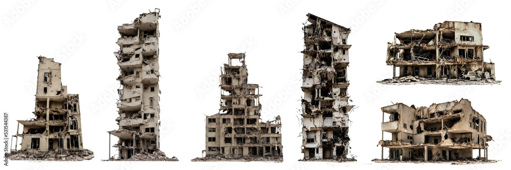 set of ruined houses, post-apocalyptic buildings isolated on white background