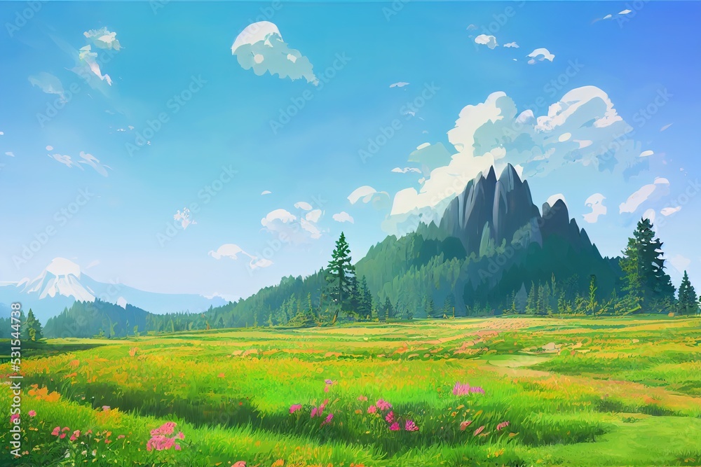 Obraz premium Mountain meadow in summer landscape, anime cartoon style, drawing
