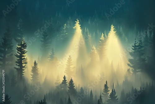 Natural Forest of Spruce Trees, Sunbeams through Fog create mystic Atmosphere, anime style, style, toon,