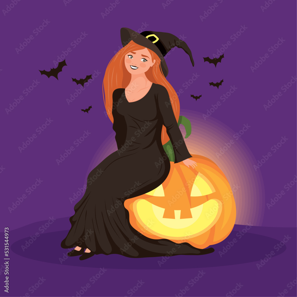 witch seated in pumpkin scene witch seated in pumpkin scene
