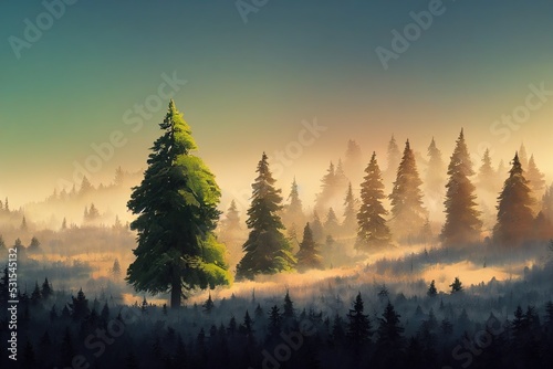 Healthy green trees in a forest of old spruce, fir and pine. Spruce trees down the hill to coniferous forest in fog at sunrise, anime style, style, toon, © 2rogan