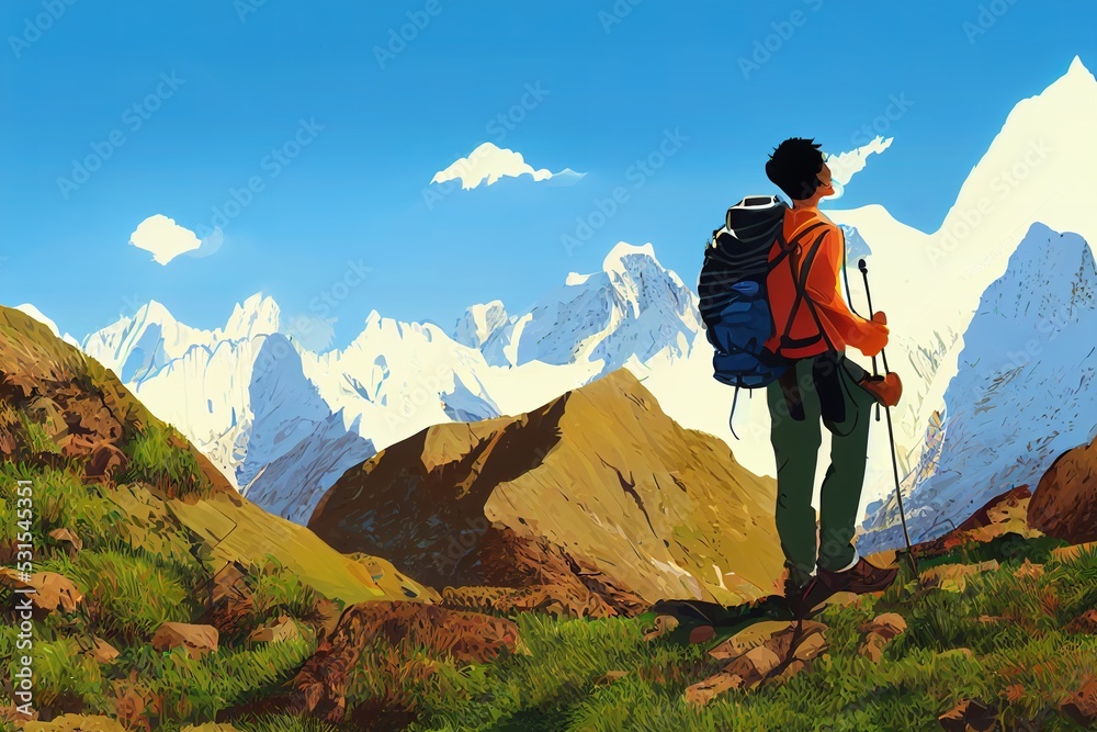 Fototapeta premium Male backpacker enjoying the view on mountain walk in Himalayas, Travel, adventure, sport concept, toon style, cartoon style