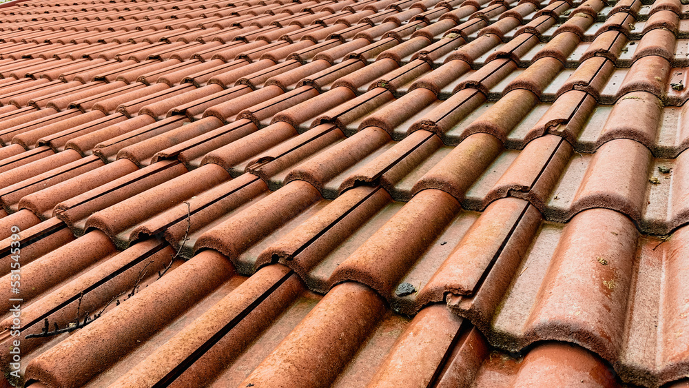 Old roof tiles with small cracks, after a rainy day. Old roof tiles with small cracks, after a rainy day.