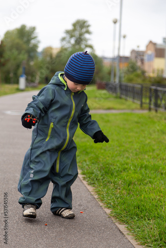 
A two-year-old boy in autumn on the road with a rowan branch in his hands smiles on the street