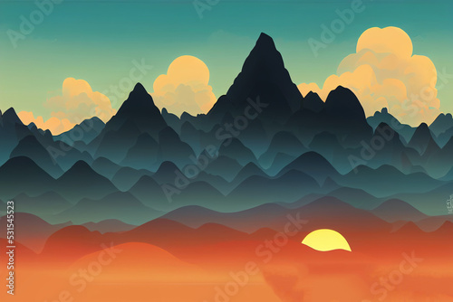 Sunrise in the mountains  mountain ranges in the morning haze  panoramic view  illustration  anime style  cartoon style  toon style