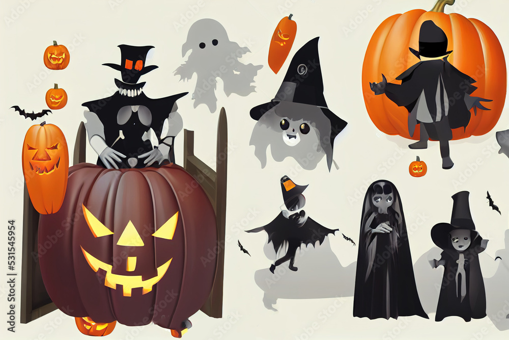 Halloween character set. Halloween characters like pumpkin vampire, teddy bear, ghost and grim reaper isolated in white background for horror 3d collection design. illustration