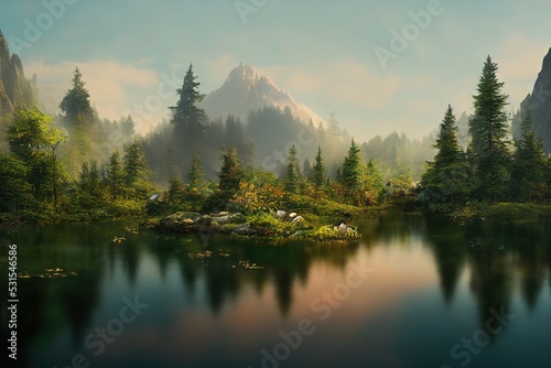 Mountain forest pond nature scenery, realistic style, 8k, nature photography, artstation