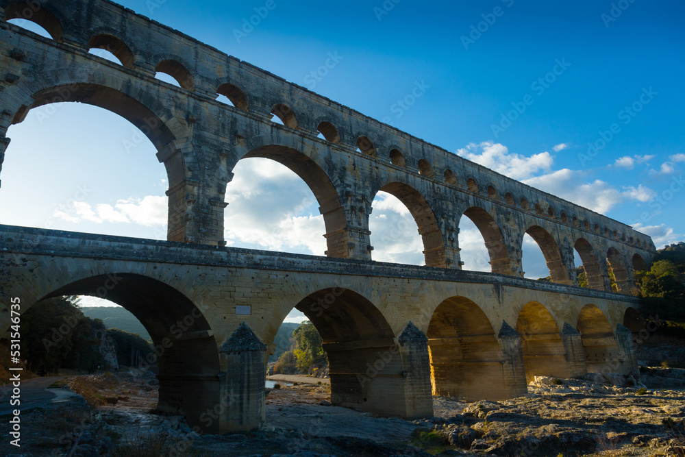 Image of famous landmark Roman Bridge Pont du Gard in southern France..
