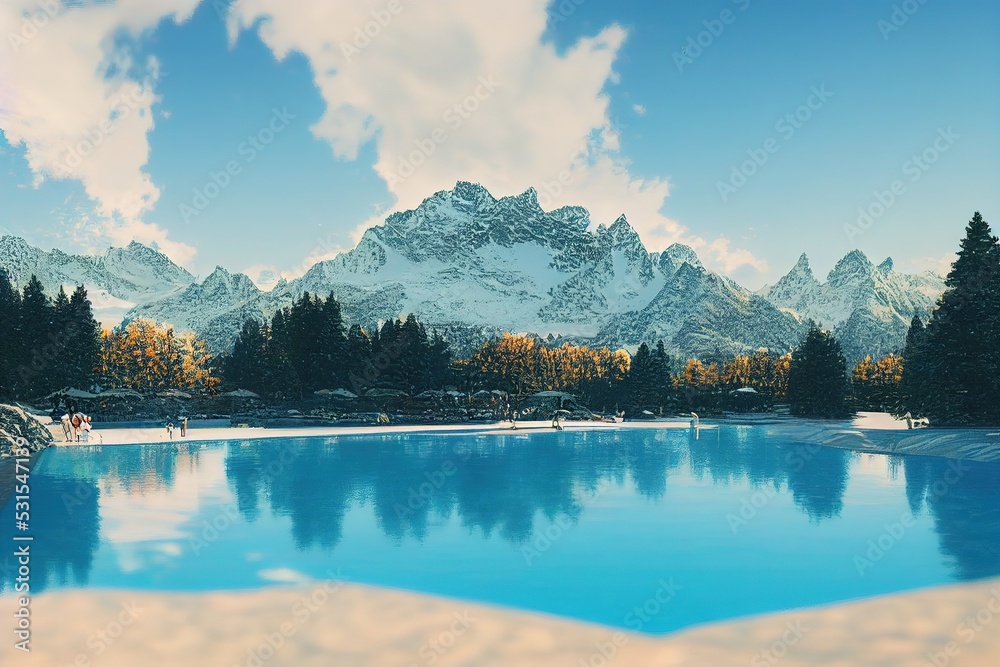 Outdoor swimming pool at the resort, Mountains landscape panorama, Snow on the tops of the mountain range, Reflection of trees