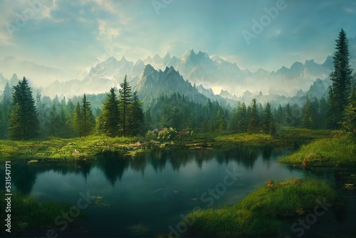 Mountain forest pond nature scenery, realistic style, 8k, nature photography, artstation
