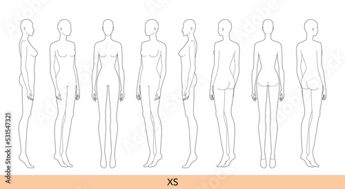 Set of XS size Women Fashion template 9 nine head Croquis Lady model skinny body figure front, side, 3-4, back view. Vector outline isolated girl for Fashion Design, Illustration, technical drawing
