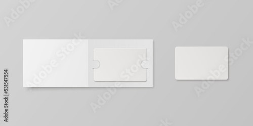 Vector 3d Realistic White Guest Room, Plastic Hotel Apartment Keycard, ID Card, Sale, Credit Card Design Template with Paper Cover Case, Wallet for Mockup, Branding. Top View