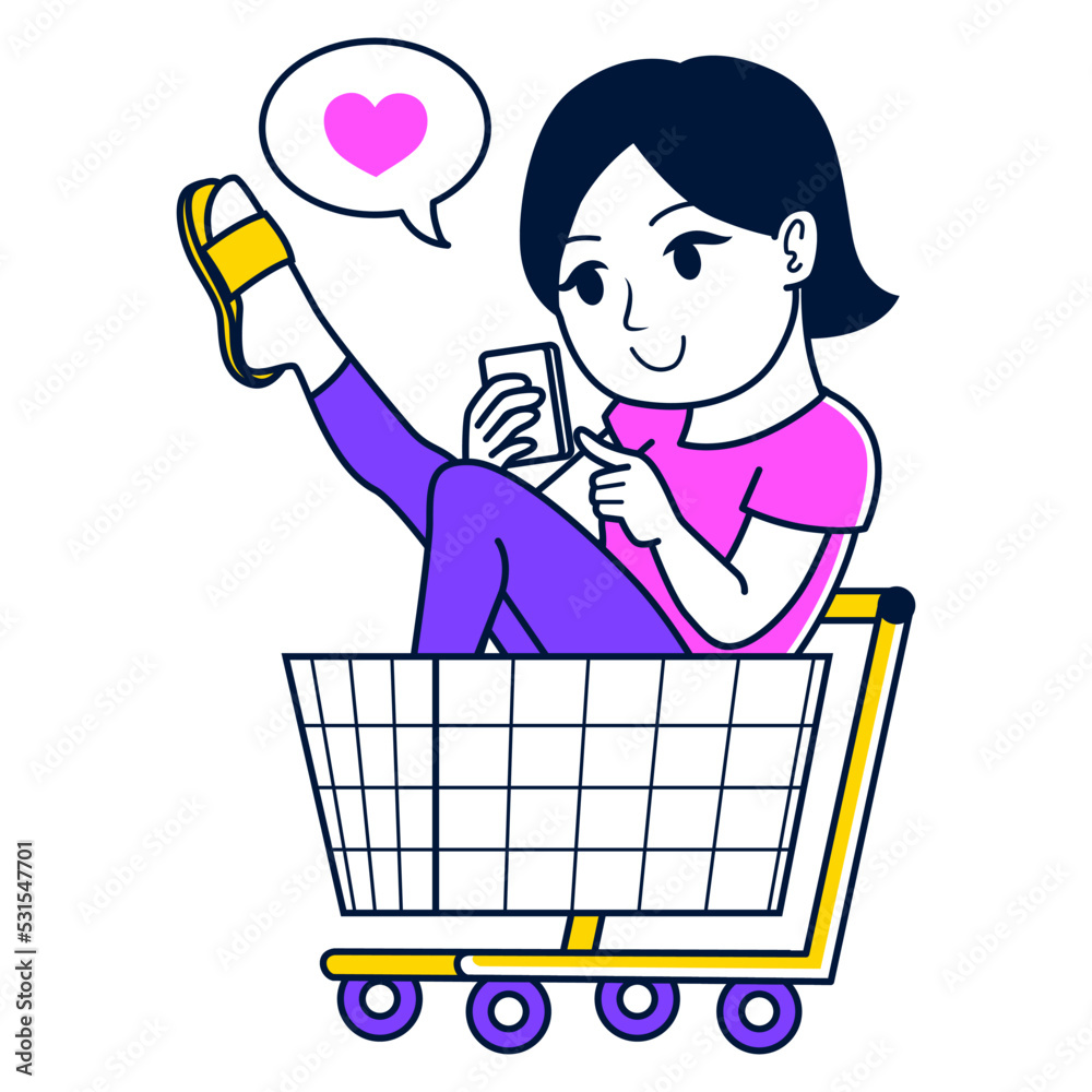 Online shopping concept illustration. Woman buying with her smartphone sitting on cart Online shopping concept illustration. Woman buying with her smartphone sitting on cart
