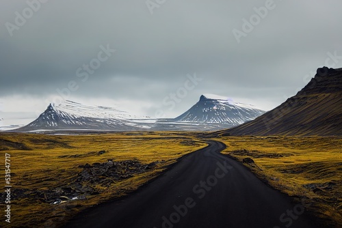 Stunning scenery of Icelandic road in south Iceland, realistic style, 8k, nature photography, artstation © 2rogan