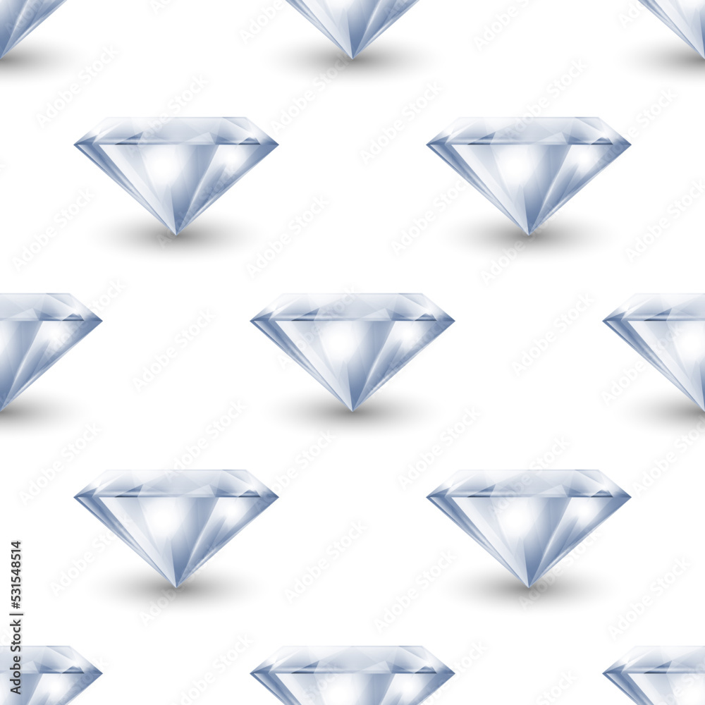 Vector Seamless Pattern with 3d Realistic Gemstone, Crystal, Rhinestones on White Background. Jewerly Concept. Design Template. Gems, Crystals, Rhinestones or Gemstones, Front View Vector Seamless Pattern with 3d Realistic Gemstone, Crystal, Rhinestones on White Background. Jewerly Concept. Design Template. Gems, Crystals, Rhinestones or Gemstones, Front View