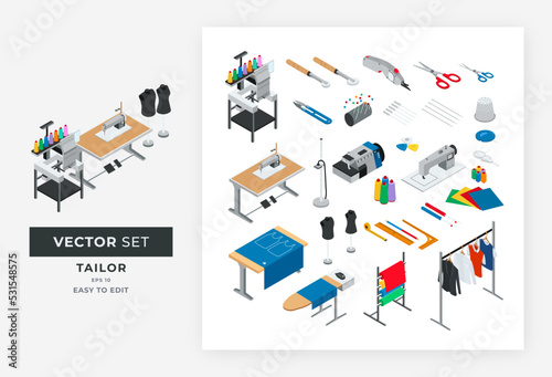 Isometric tailor kit vector collection. sewing kit illustration. This design is perfect for textile, sewing, cloth and fashion companies. Colors Editable Eps 10