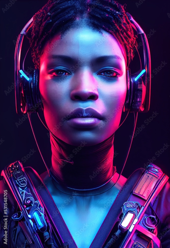 A realistic portrait of a ebony girl wearing a cyberpunk headset and ...