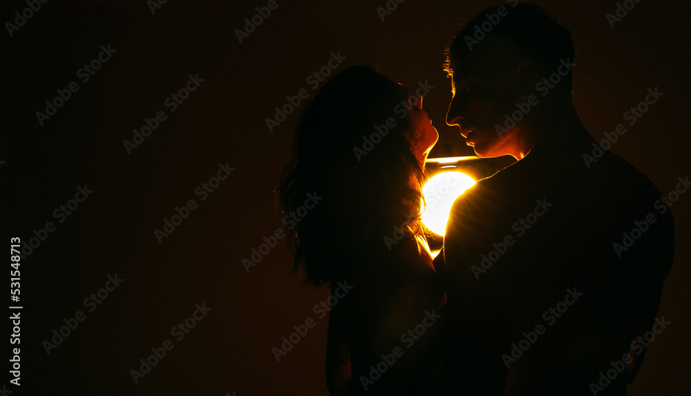 silhouette of a couple kissing. Couple in love. Man and woman kiss. Shadow. 
