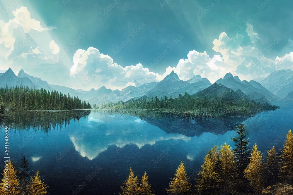 Panorama on blue reflecting lake and clear mountain cool water with stone narrow wild shore in evergreen