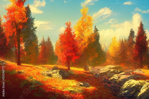 Amazing autumn forest in morning sunlight. Red and yellow leaves on trees in woodland. Golden forest landscape., anime style, style, toon,