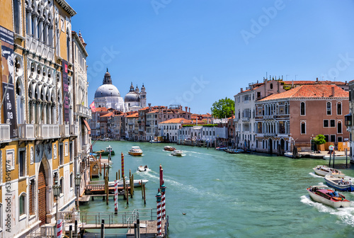 Venice, Italy - July 5, 2022: Building exteriors along the canals in Venice Italy 