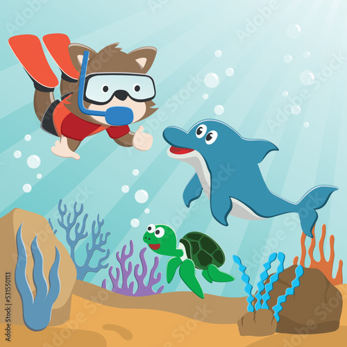 Vector illustration of cute little bear and dolphine diving in undersea adventure on a background of beautiful blue water