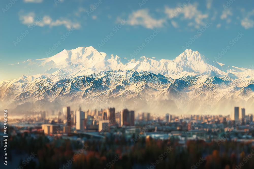 View over Almaty with snow capped mountains in the background, Almaty, Kazakhstan, realistic style, 8k, nature photography, artstation