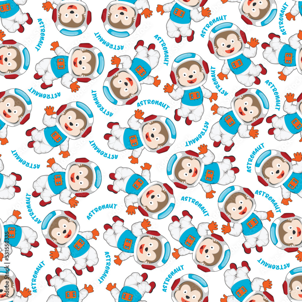 Childish seamless pattern with cute monkey astronaut on space. Can be used for t-shirt print, Creative vector childish background for fabric textile, nursery wallpaper and other decoration. Childish seamless pattern with cute monkey astronaut on space. Can be used for t-shirt print, Creative vector childish background for fabric textile, nursery wallpaper and other decoration.