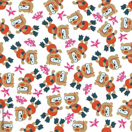 Fototapeta Naklejka Na Ścianę i Meble -  Seamless pattern texture with little bear swim in underwater. For fabric textile, nursery, baby clothes, background, textile, wrapping paper and other decoration.