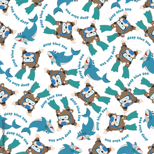 Seamless pattern texture with little bear and shark swim in underwater. For fabric textile, nursery, baby clothes, background, textile, wrapping paper and other decoration.