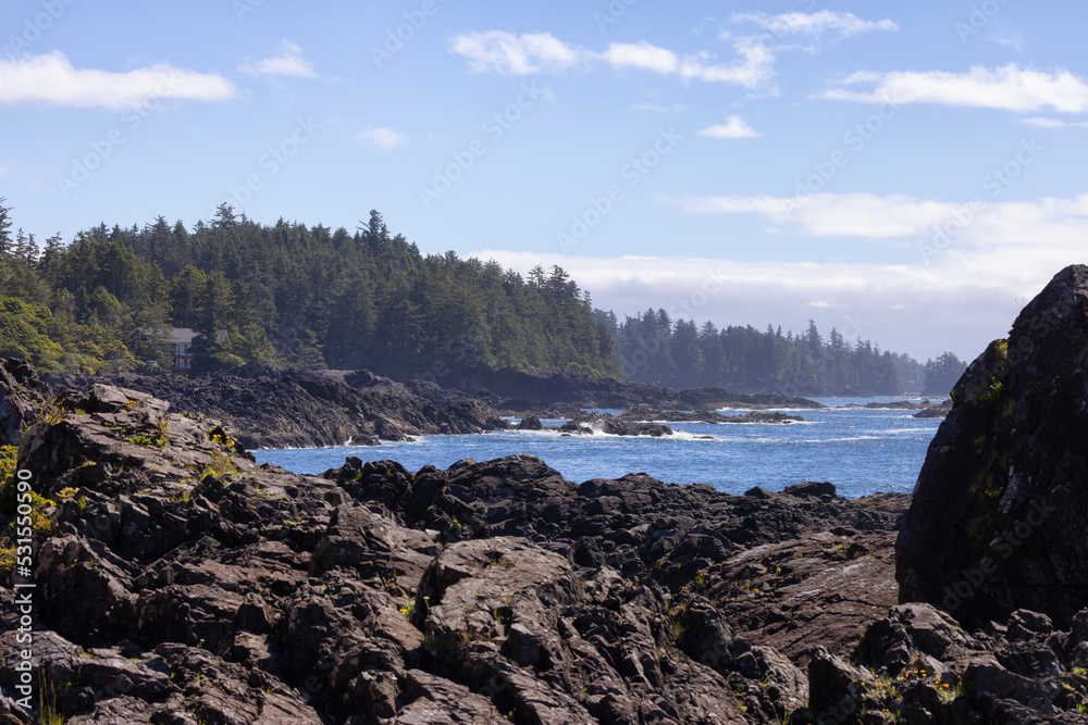Rugged Rocks on a rocky shore on the West Coast of Pacific Ocean.