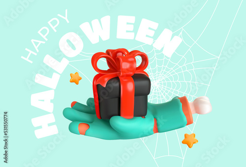 Happy Halloween. Zombie hand with a gift. Festive banner. Vector illustration