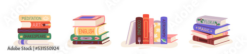 World book day. Set of stacks of different literary work or textbook. Reading fairy tales and educational information. Library or bookstore. Cartoon flat vector collection isolated on white background