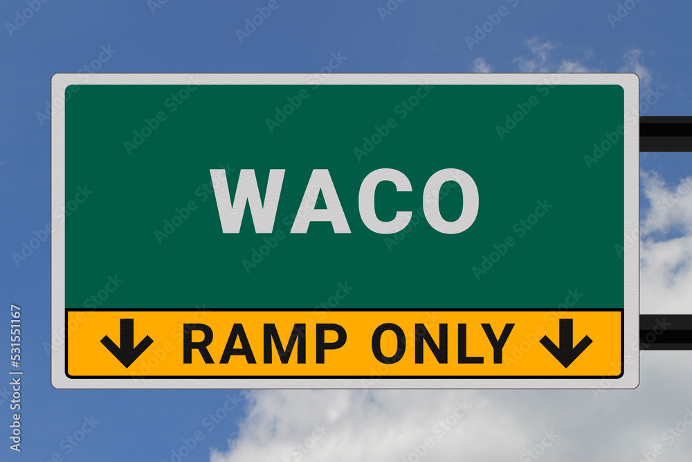 Waco logo. Waco lettering on a road sign. Signpost at entrance to Waco