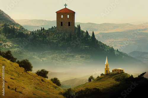 Chapel and cross in the mountains in Lebanon, Panoramic view of the Kadisha Valley, The place of the ancient Christian community photo