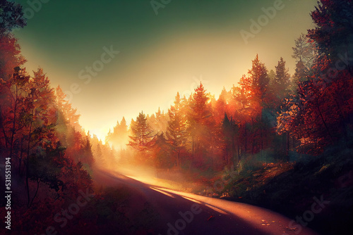 Forest Road Under Sunset Sunbeams. Lane Running Through The Autumn Deciduous Forest At Dawn Or Sunrise. Toned Instant Photo, anime style, style, toon, © 2rogan