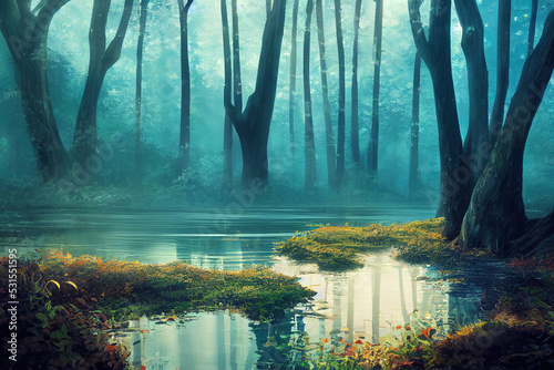 A silent forest on the bank of a river with transparent water. Selective focus. High quality photo  anime style  style  toon 