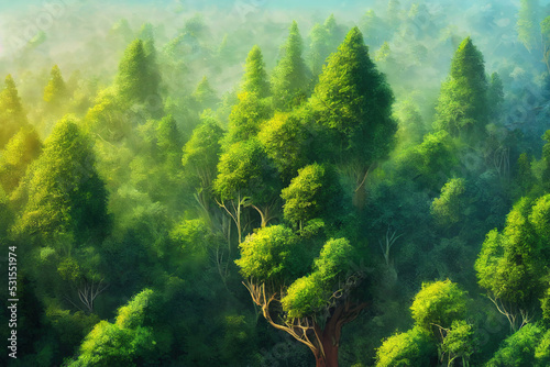 Aerial top view forest tree  Rainforest ecosystem and healthy environment concept and background  Texture of green tree forest view from above  copy space for web banner.  anime style  pix