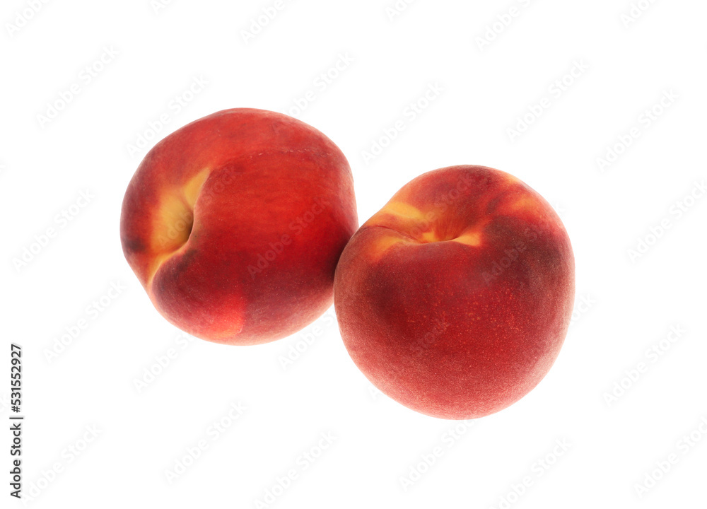 Delicious fresh ripe peaches isolated on white, top view