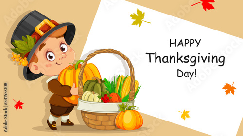 Happy Thanksgiving Day. Cute little cartoon boy