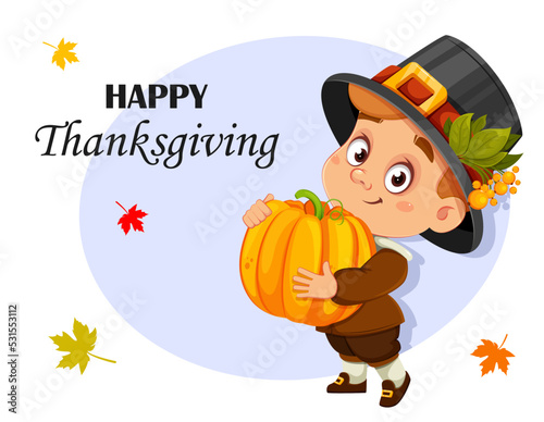 Happy Thanksgiving Day. Cute little cartoon boy