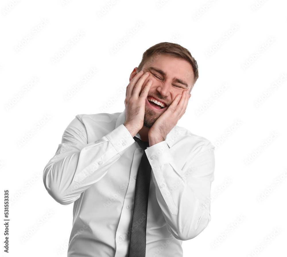 Portrait of happy businessman on white background. Personality concept