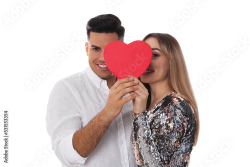 Lovely couple with decorative heart on white background. Valentine's day celebration
