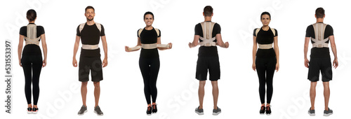 Collage with photos of people with orthopedic corsets on white background. Banner design