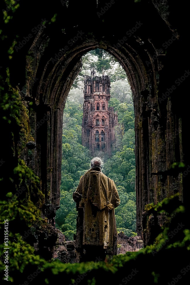 Concept art of an ancient ruin finally found by a robed first generation man who passed through the gates of the ancient of the jungle. Fantasy World